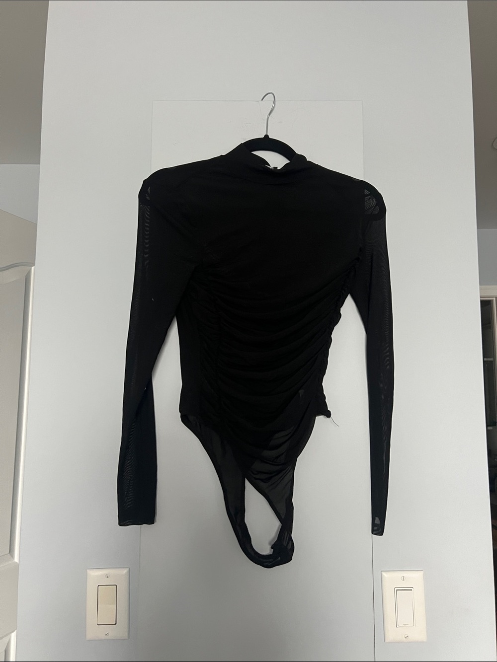 Black Long-Sleeve Ruched High-Neck Bodysuit